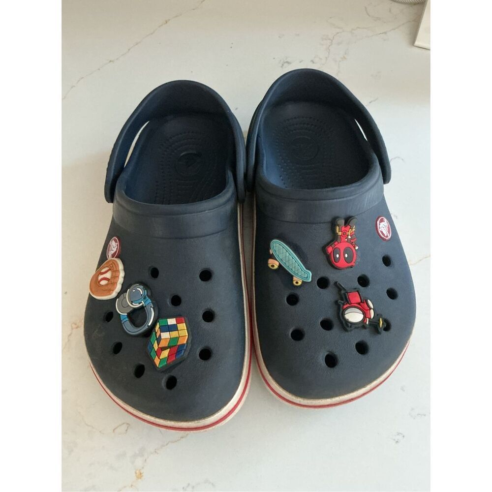 Crocs Crocband Navy Red Sz J2 Rubber Clogs with Jibbitz